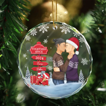 Christmas Couple Kissing Sign - Personalized Circle Glass Ornament