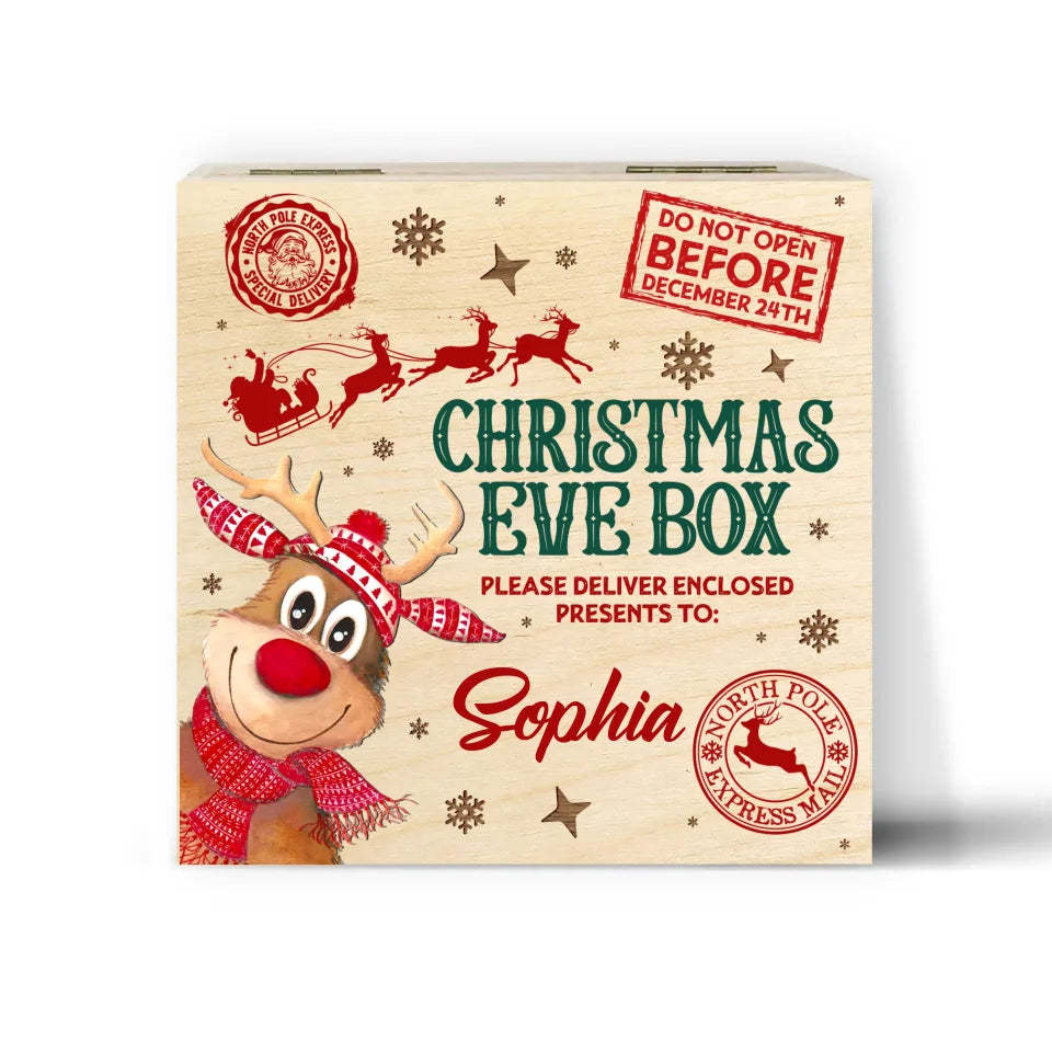 Reindeer Wooden Christmas Eve Box -  Custom Kids Name Christmas For Kids