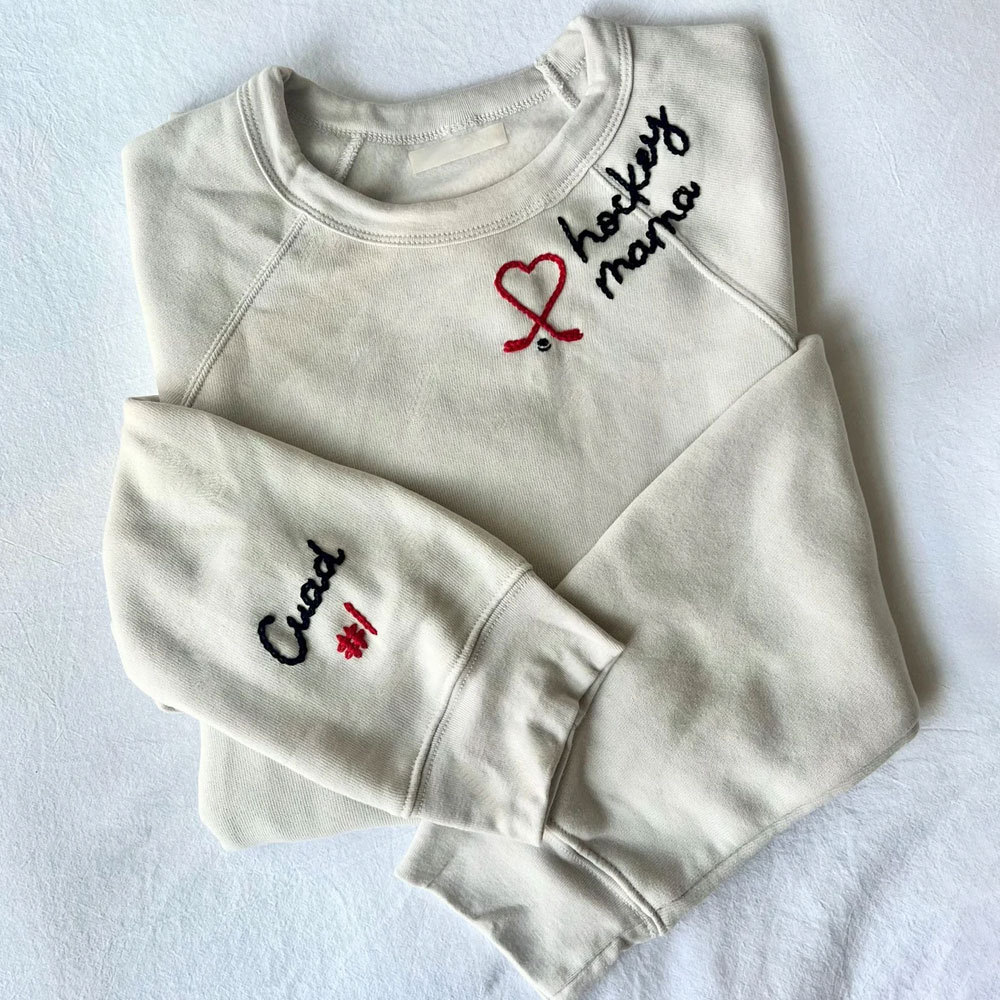 Chain Stitched Hand Embroidery Hockey Mama Sweatshirt