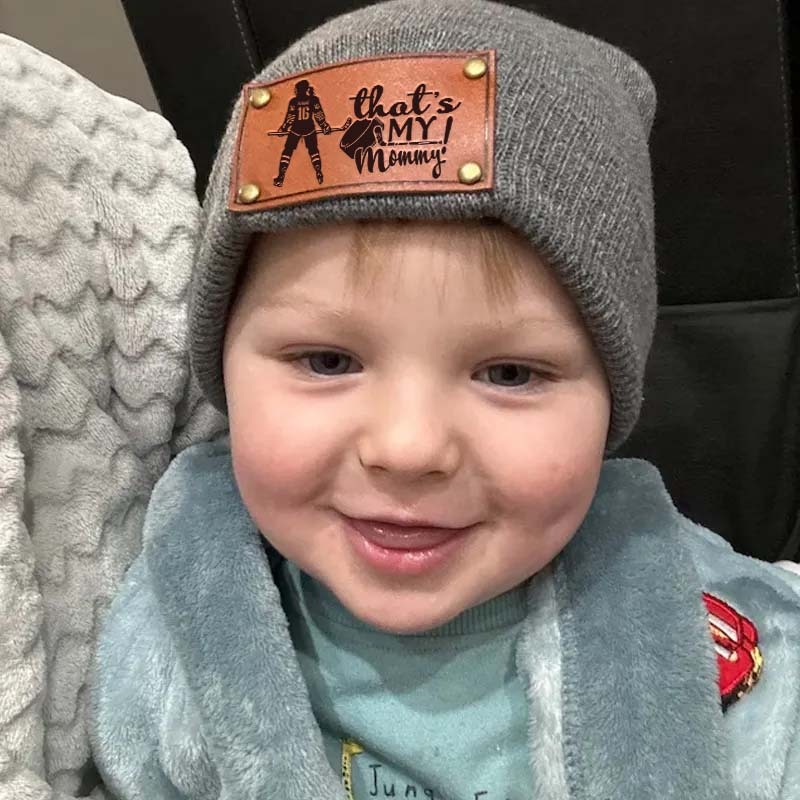  Custom "That's My Daddy/Mommy" Hockey Retro Leather Patch Beanie - Personalized Beanie for Little Hockey Fans