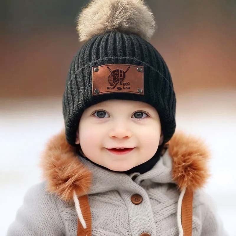 Personalized Leather Patch Knitted Hat for Kids & Adults - Custom Name & Number Beanie