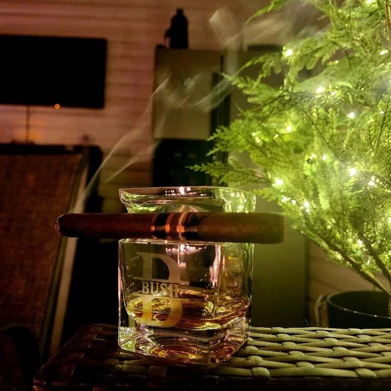 Custom Whiskey Glass with Cigar Holder - Personalized Glass Engraved Cigar Accessories for Whiskey Lovers