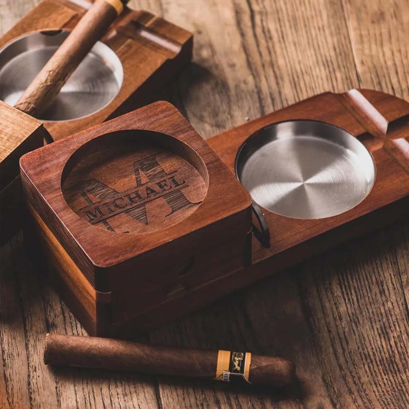 Personalized whiskey glass and wooden cigar ashtray with whiskey glass holder