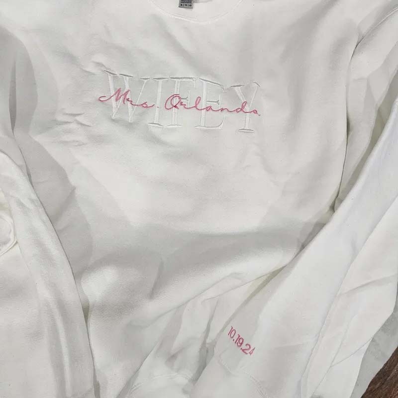 Custom Mrs. Embroidered Sweatshirt Date On Sleeve Engagement Gift Bride To Be