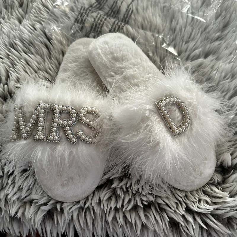 Feather Bride Slippers| I Do Slippeers|Customized Slippers|Peal Rhinestone Slippers