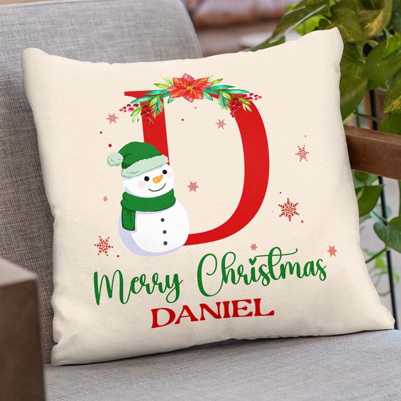 Monogram Christmas Snowman Personalized Custom Pillow Merry Christmas Gift