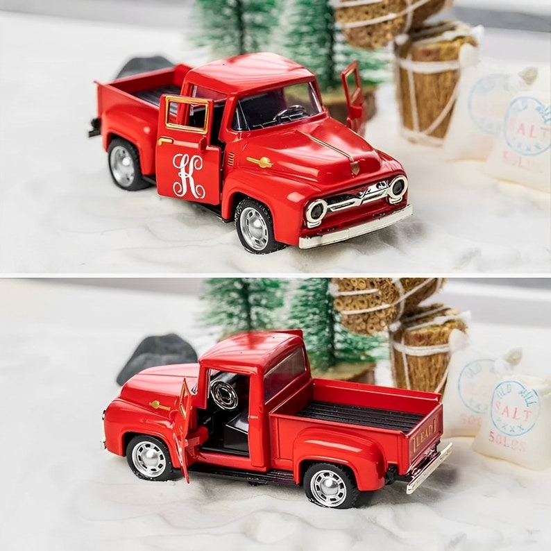 Personalized Christmas Tree Truck Vintage Style Metal Toy Truck w Custom Name