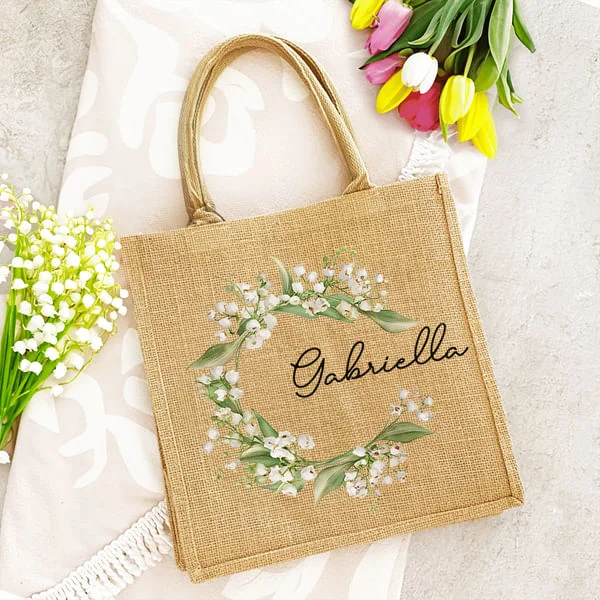 Personalized Birth Flower Wreath Reusable Jute Bag