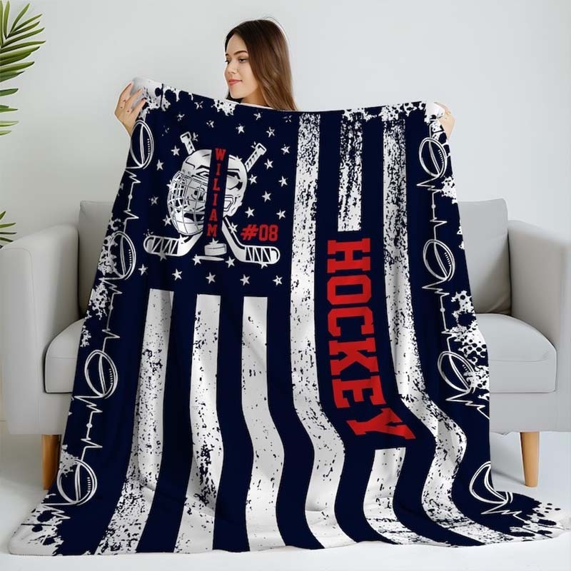 Hockey Blanket Navy Blue American Flag Blanket Custom Vintage Hockey Player Blanket