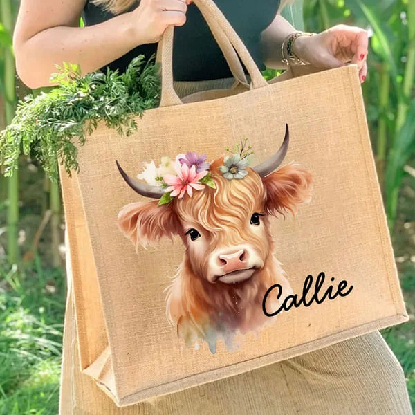 Personalized Flower Highland Cow Jute Tote Bag