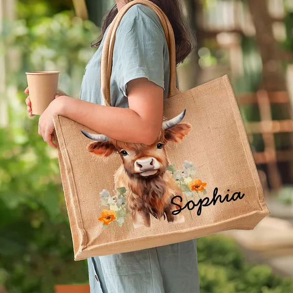 Personalized Flower Highland Cow Jute Tote Bag
