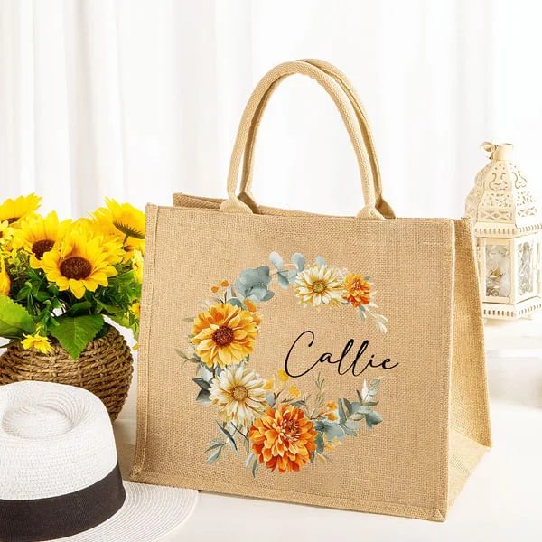 Personalized Birth Flower Wreath Reusable Jute Bag