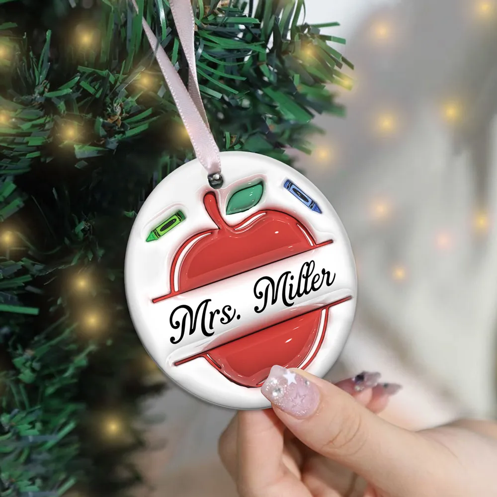 Teacher Things Pencil Apple 3D Inflated Personalized Ceramic Ornament