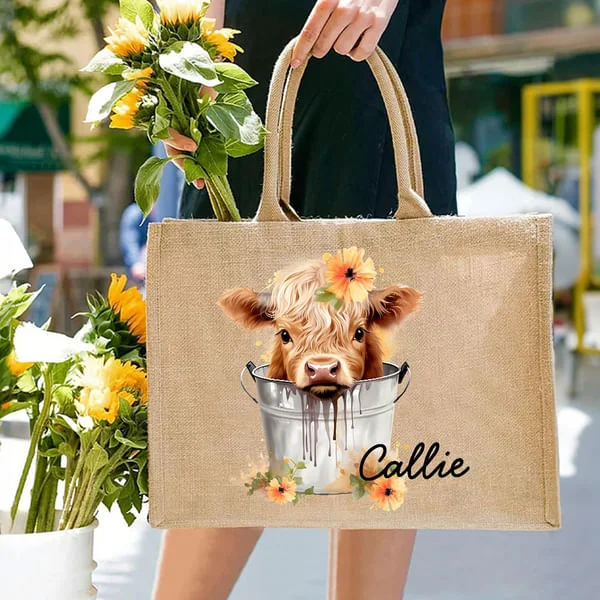 Personalized Flower Highland Cow Jute Tote Bag