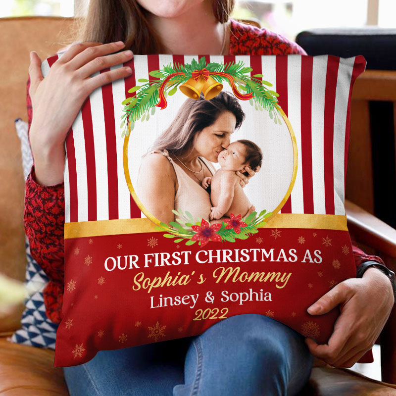 Custom Photo Our First Christmas As A Family - Personalized Custom Pillow
