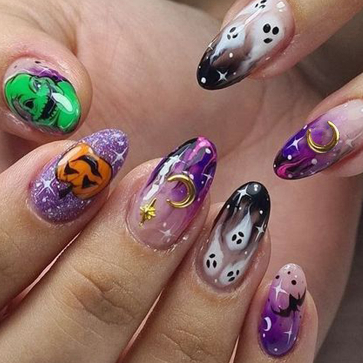 Halloween Pumpkin Ghost Press-On Nail Tips, Set of 24