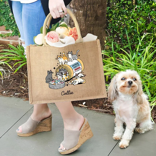 Personalized Cute Dog Cat Medicine Bottle Jute Tote Bag