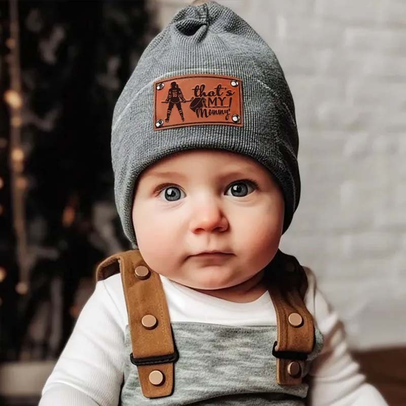  Custom "That's My Daddy/Mommy" Hockey Retro Leather Patch Beanie - Personalized Beanie for Little Hockey Fans