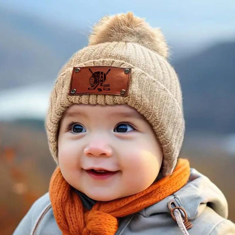Personalized Leather Patch Knitted Hat for Kids & Adults - Custom Name & Number Beanie