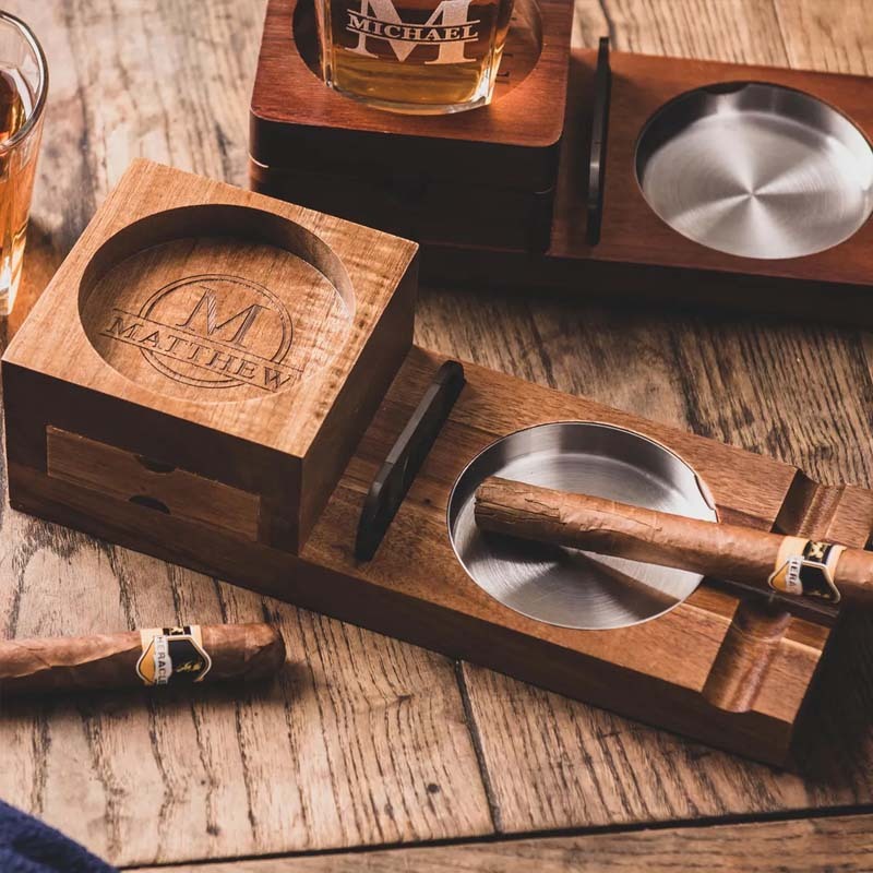 Personalized whiskey glass and wooden cigar ashtray with whiskey glass holder