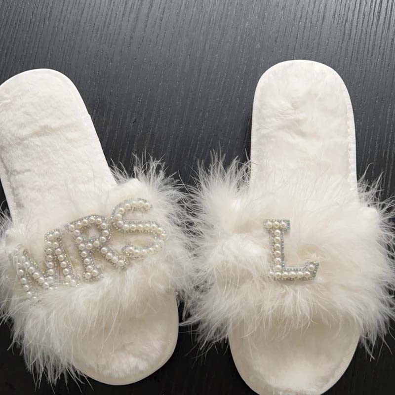 Feather Bride Slippers| I Do Slippeers|Customized Slippers|Peal Rhinestone Slippers