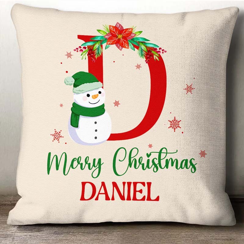 Monogram Christmas Snowman Personalized Custom Pillow Merry Christmas Gift