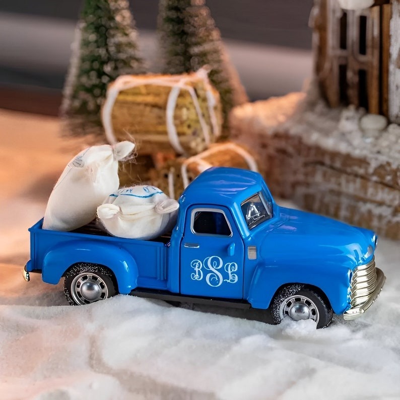 Personalized Christmas Tree Truck Vintage Style Metal Toy Truck w Custom Name