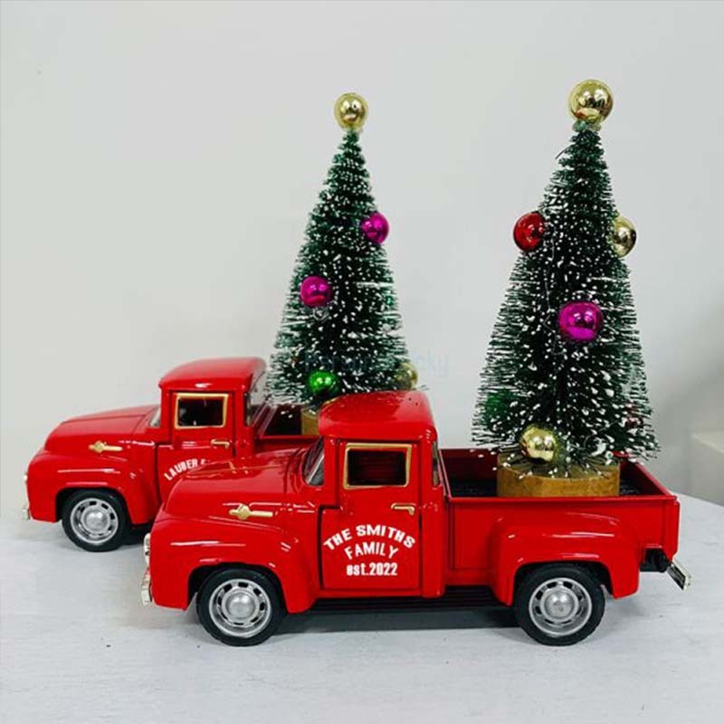 Engraved Red Truck with Christmas Tree Decor Metal Farm Truck