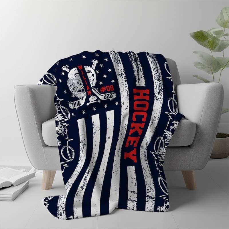 Hockey Blanket Navy Blue American Flag Blanket Custom Vintage Hockey Player Blanket