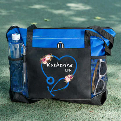 Personalized Heart Stethoscope with Flowers, Rn, Lpn, Cna, Cma Tote Bag