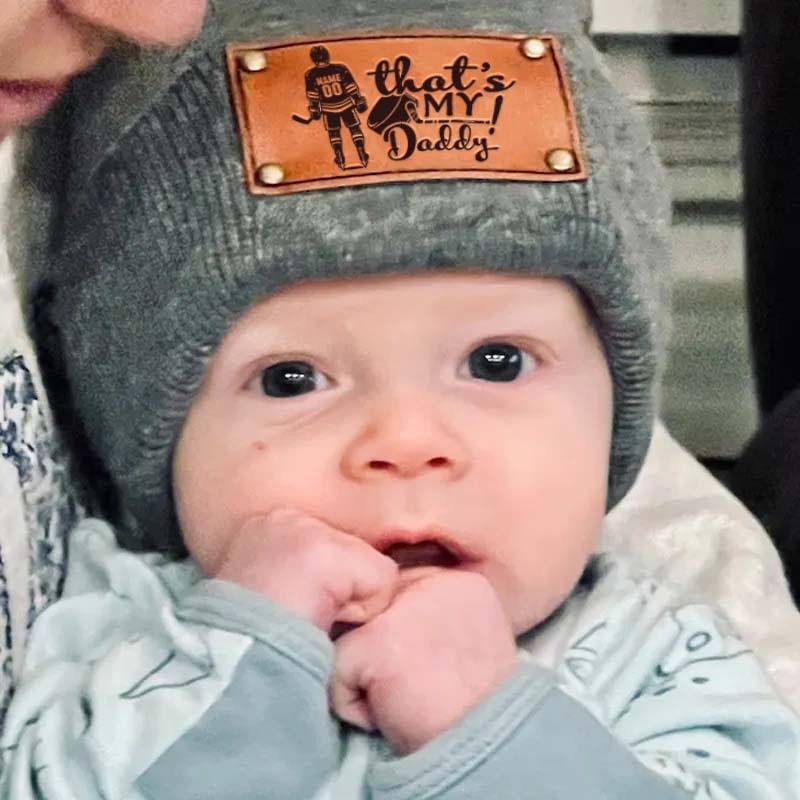  Custom "That's My Daddy/Mommy" Hockey Retro Leather Patch Beanie - Personalized Beanie for Little Hockey Fans