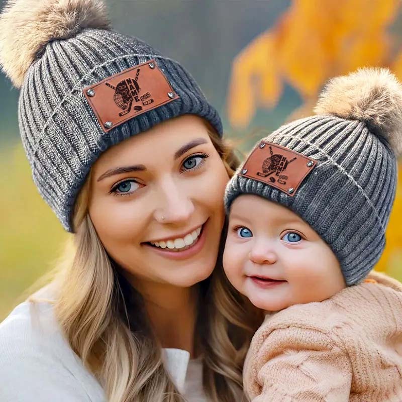 Personalized Leather Patch Knitted Hat for Kids & Adults - Custom Name & Number Beanie