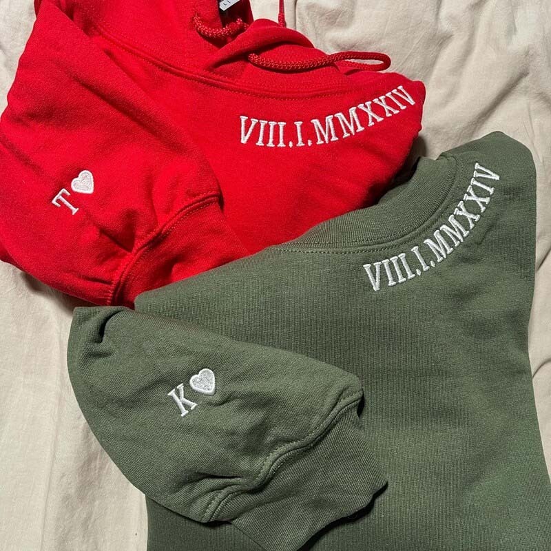 Custom Embroidered Roman Numeral on Neck With Initials on Sleeve Unisex Sweatshirt or Hoodie Valentine's Day Sweatshirt