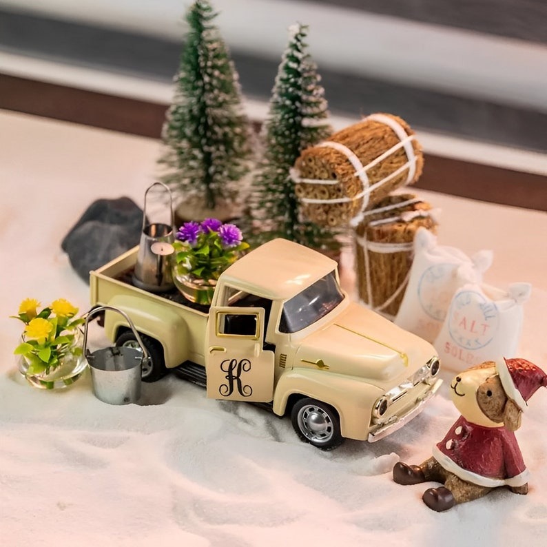 Personalized Christmas Tree Truck Vintage Style Metal Toy Truck w Custom Name