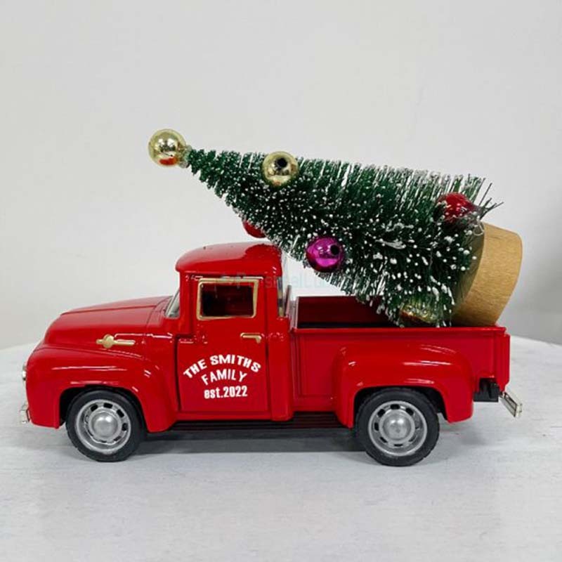 Engraved Red Truck with Christmas Tree Decor Metal Farm Truck