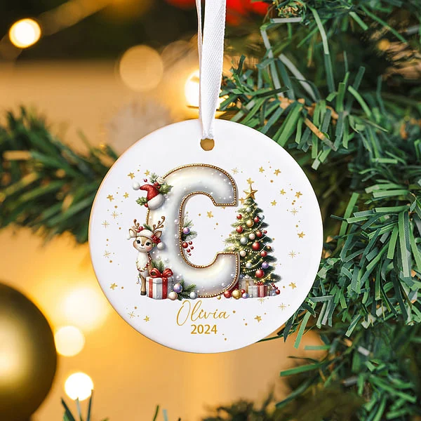 Personalized Reindeer Christmas Tree Initial Round Ceramic Christmas Ornament 