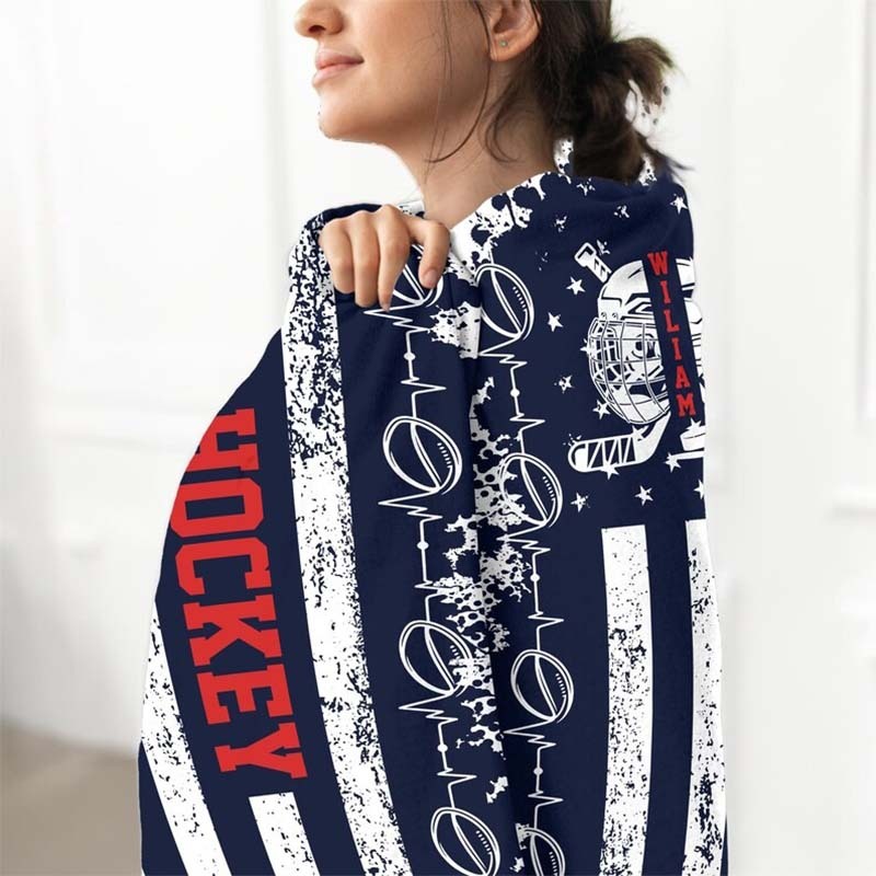 Hockey Blanket Navy Blue American Flag Blanket Custom Vintage Hockey Player Blanket