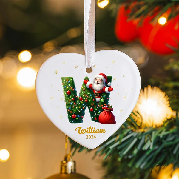Personalized Santa Claus Woodland Initial Round Ceramic Christmas Ornament with Name