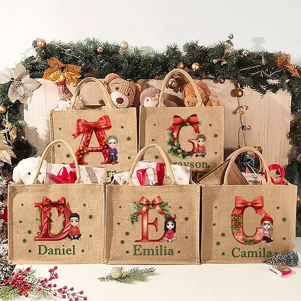 Personalized Large Jute Tote Gift Bag with Name Christmas Party Gift for Family