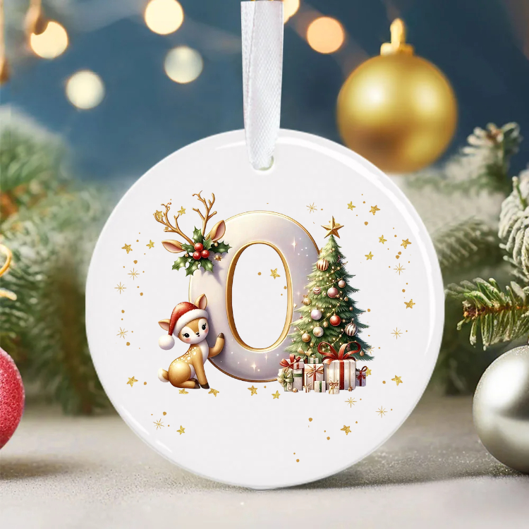 Personalized Reindeer Christmas Tree Initial Round Ceramic Christmas Ornament 
