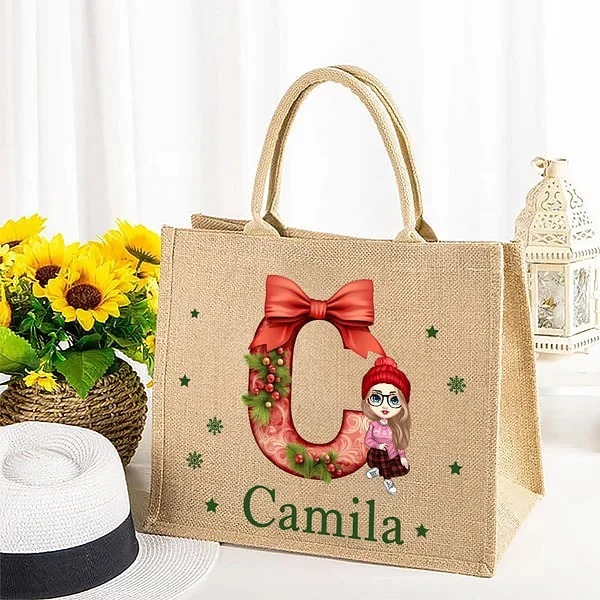 Personalized Large Jute Tote Gift Bag with Name Christmas Party Gift for Family