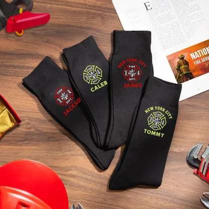 Personalized Fire Department Logo Cotton Mid-calf Men's Socks with City and Name Firefighter