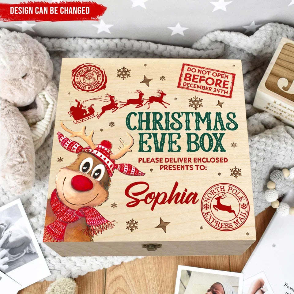 Reindeer Wooden Christmas Eve Box -  Custom Kids Name Christmas For Kids