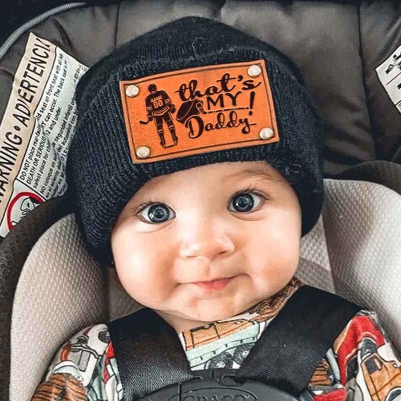 Custom "That's My Daddy/Mommy" Hockey Retro Leather Patch Beanie - Personalized Beanie for Little Hockey Fans
