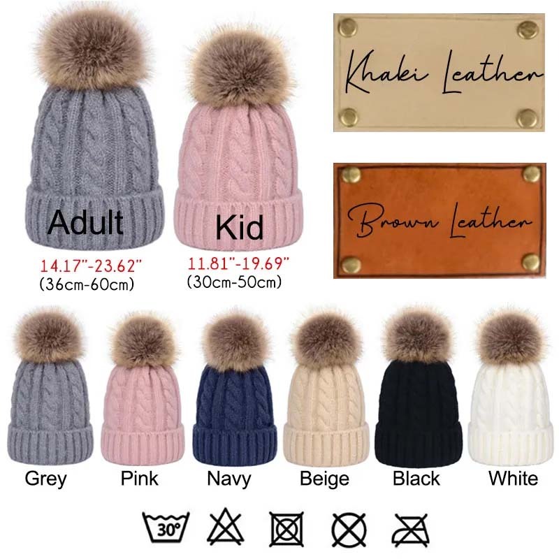 Personalized Leather Patch Knitted Hat for Kids & Adults - Custom Name & Number Beanie
