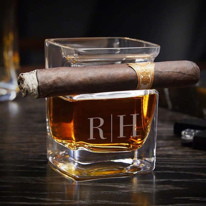 Custom Whiskey Glass with Cigar Holder - Personalized Glass Engraved Cigar Accessories for Whiskey Lovers