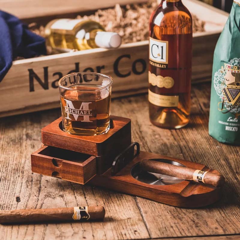 Personalized whiskey glass and wooden cigar ashtray with whiskey glass holder