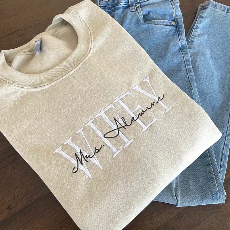 Custom Mrs. Embroidered Sweatshirt Date On Sleeve Engagement Gift Bride To Be