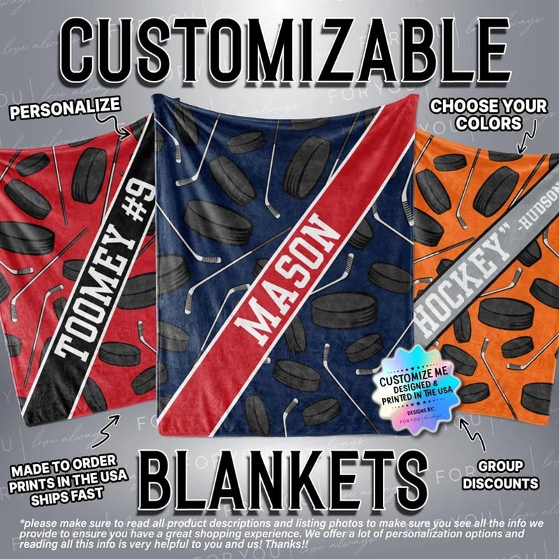 Hockey Pucks Sticks Custom Name Blanket Personalized Multiple Sizes & Styles