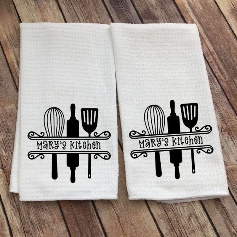 Dish Towel with Kitchen Utensils and Name, Custom Tea Towel, Kitchen Decor